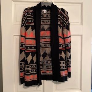 Knit Open Front Sweater Aztec Tribal Print Medium Black, Cream, Pink